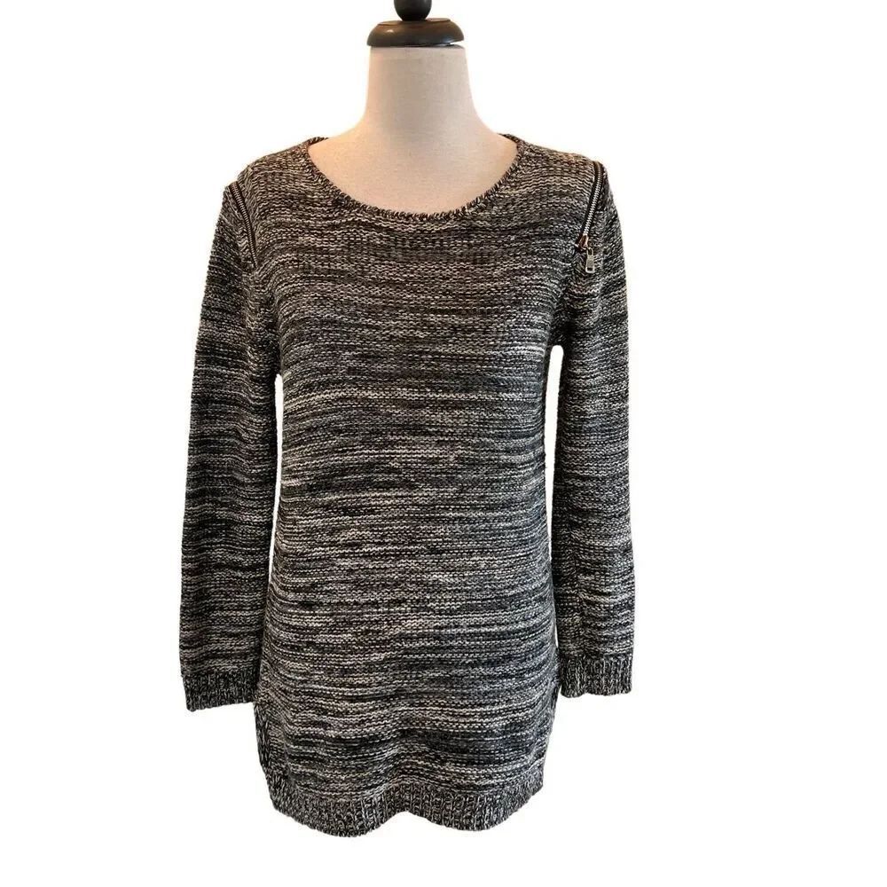 ii Sisters Women's Chunky Knit Wool Blend Zip Cold Shoulder Sweater Gray Small